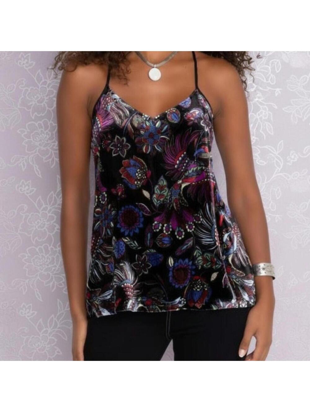 💙 NWT Johnny‎ Was Velvet Silk Floral Cami Tank Top Peacock Boho Size S